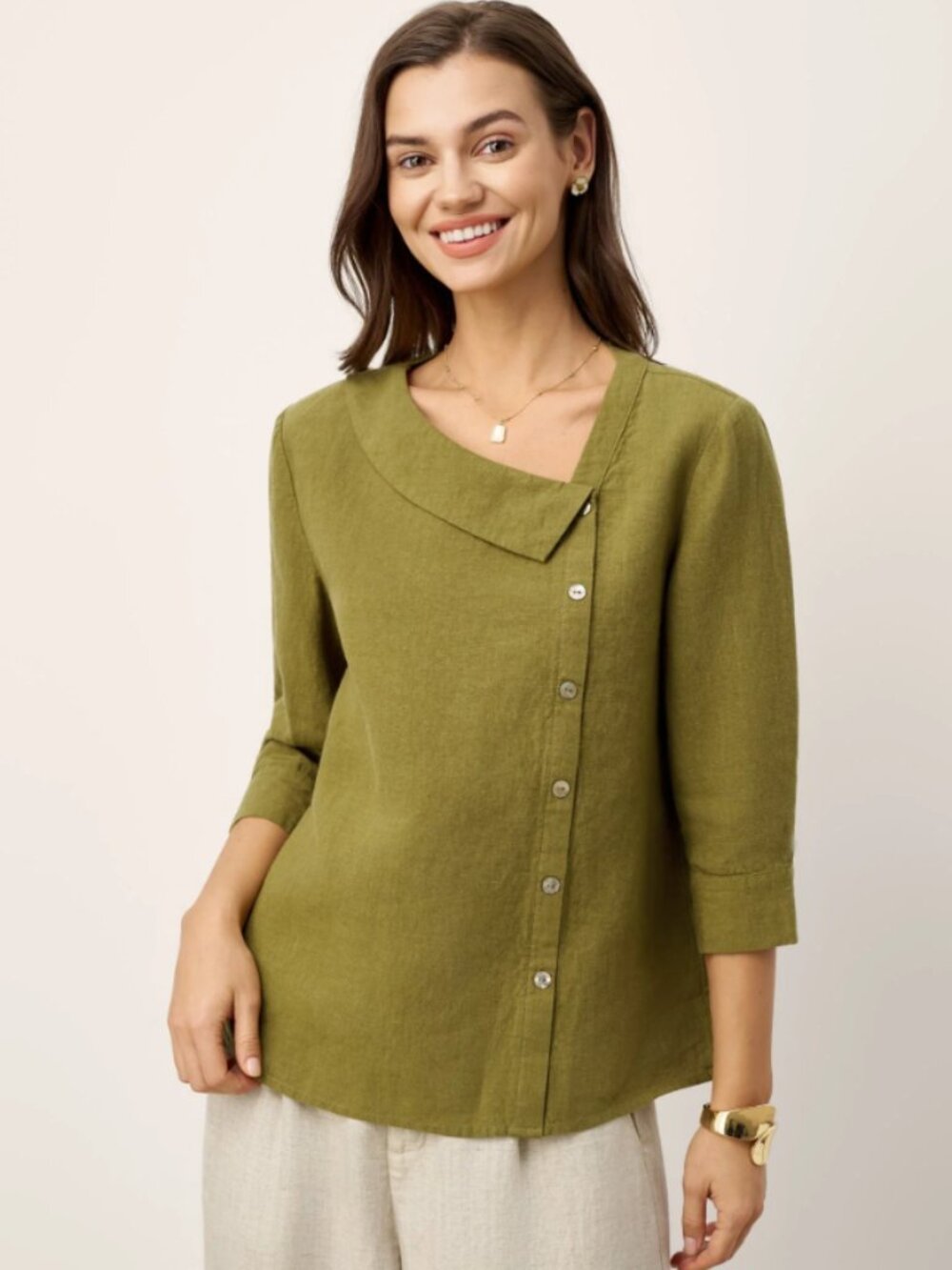 Lintico 100% Linen Crescent Neck Button Detail 3/4 Sleeve Top ADALYN size XXL